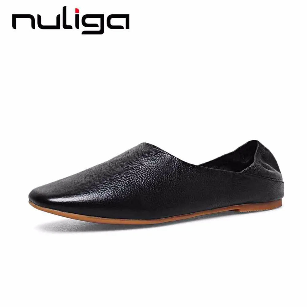 

Nuliga cuts-on full grain leather solid square toe slip on flat with concise style soft sole lazy woman shallow sand flats L3