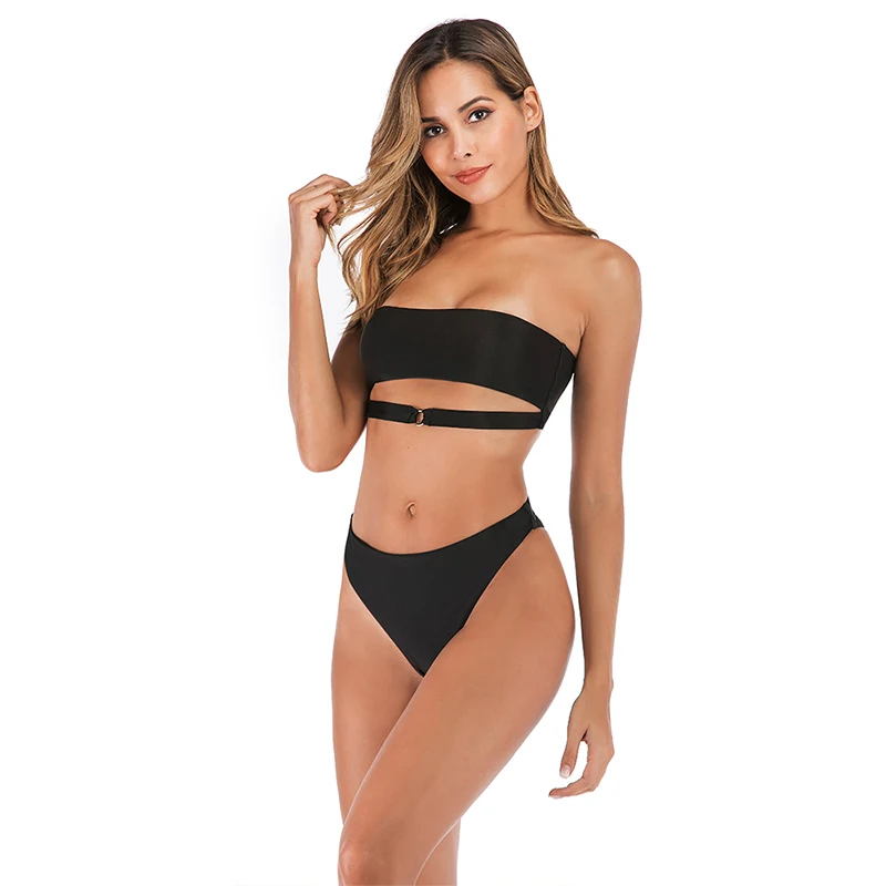 

New Sexy Solid Black Bikini Women Swimsuit Strapless Bandeau Swimwear S-L Girl High Waist Bathing Suit Backless Bikini Set