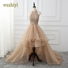 Wuzhiyi vestidos de formatura Высокое/низкое шампанское кружевное платье для выпускного вечера Бисероплетение Кристалл Вечернее пикантное платье для выпускного вечера