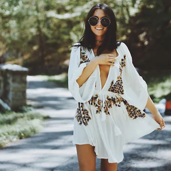 

CBAFU bohemian people boho dress women sexy dresses summer beach cotton embroidered deep v neck drawstring waist mini dress N590