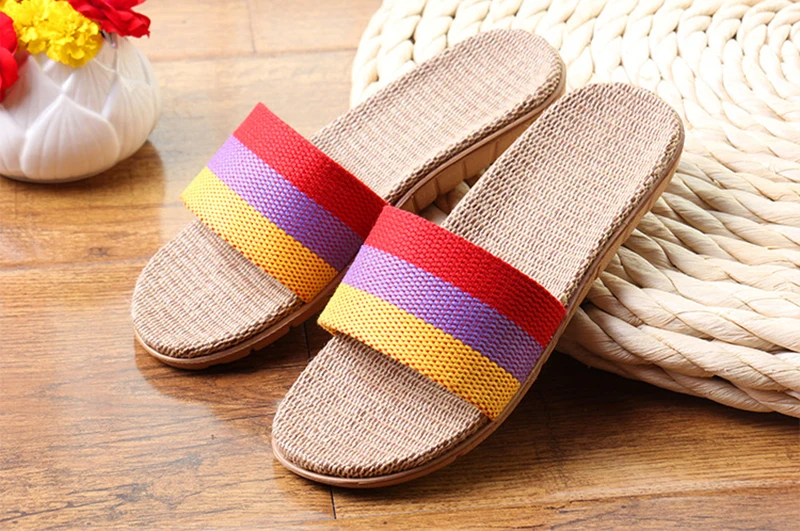 Summer Home Slippers Men Shoes Linen Flip Flops Striped Couples Slides Antiskid Indoor Slippers Flat Home Shoes Pantoufle Homme