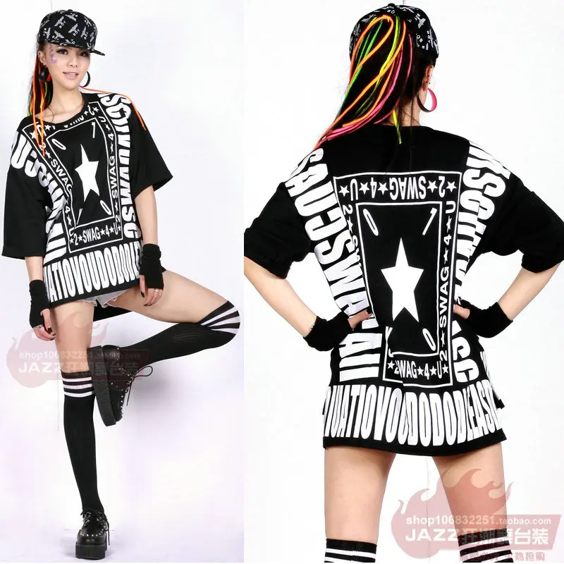 

New Fashion hip hop Street loose scripture half sleeve top jazz dancer female Jazz costume performance wear Sexy t-shirt