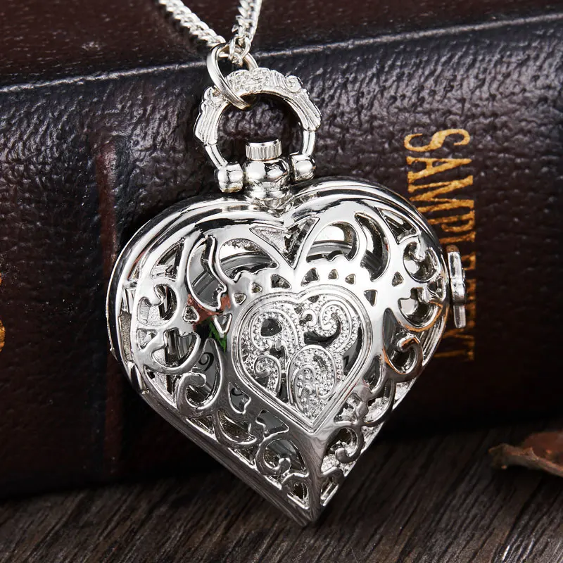 

Silver Hollow Heart-shaped Quartz Pocket Watch Necklace Pendant Chain Women Honey Girl Friend Lover's Gift Reloj de bolsillo