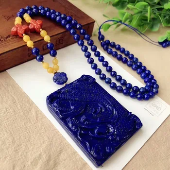 

Genuine Natural Royal Blue Lapis Lazuli Dragon Craved Pendant 63x49x9mm Gemstone Woman Man Crystal Beads Necklace AAAAAA
