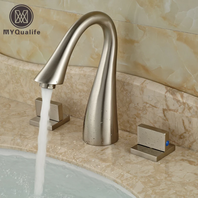 Brushed Nickel Double Handles Bathroom Sink Mixer Faucet Deck Mount 3 Holes Water Taps цена Brushed Nickel Double Handles Bathroom Sink Mixer Faucet Deck Mount 3 Holes Water Taps цены онлайн