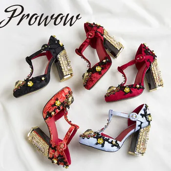 

Prowow New Spring Summer Black Color HIgh Heel Pumps Round Toe Heart Shaped Caged Heel Mary Jeans Pumps Shoes Women
