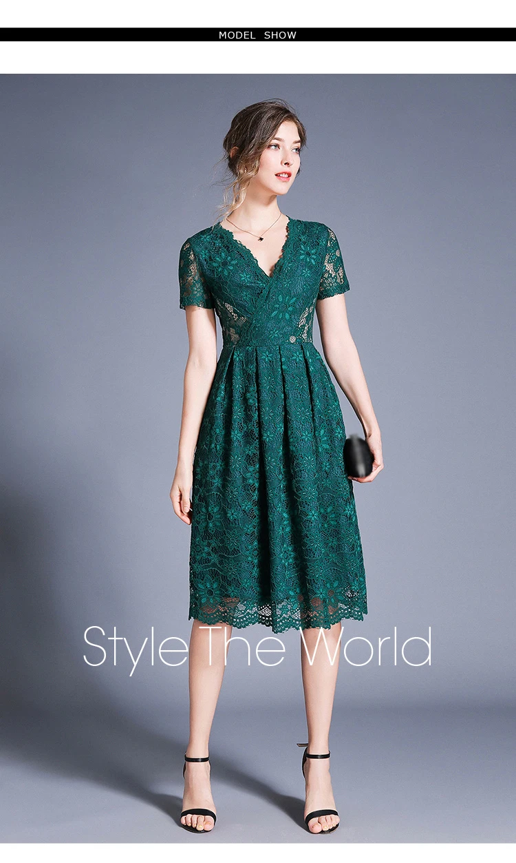 Women Green Dresses Hollow Out Floral Lace Runway Slim Fashion Evening Party Dress Office Lady Work Vestidos Autumn Vintage robe