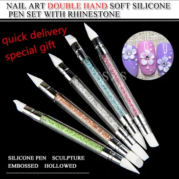 

1set 2 Way Crystal Nail Art Brush Pen Silicone Head Carving Emboss Shaping Hollow Sculpture Acrylic Manicure Dotting tools