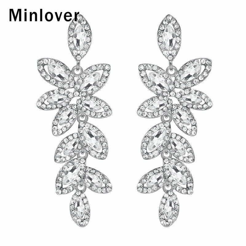 

Minlover Silver Color Leaf Wedding Earrings for Women Luxury Rhinestone Bride Prom Jewelry Statement Pendant Earrings MEH1084
