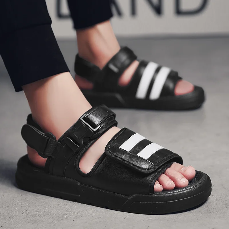 

Fashion Leisure PU Summer Sandals for Men Basic Front Rear Strap Striped Beach Sandals Med Hook Loop Sewing Breathable Shoes