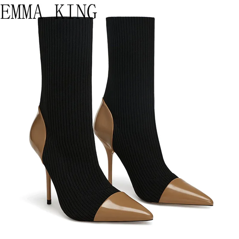 

PU Leather Women Ankle Boots High Heel 2018 Ladies Pointed Toe Heel Boots Shoes Knit Winter Sock Boots Womens