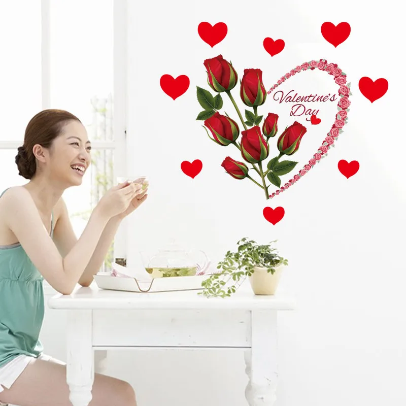 1 шт., сделай сам, Романтическая любовь, красные розы, цветы, наклейка на стену, свадебное украшение, подарок на день Святого Валентина, окно, самоклеящаяся художественная Фреска