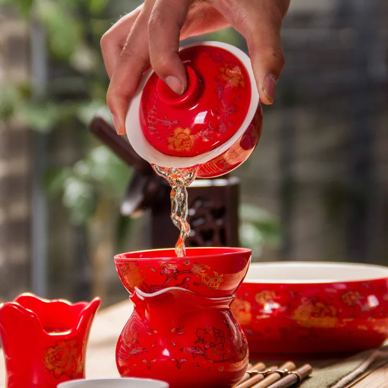 Керамический чайный сервиз Gaiwan с красным драконом, чайный сервиз, фарфоровая чаша gai wan, чашка для чая кунг-фу, чайный набор с ручной росписью