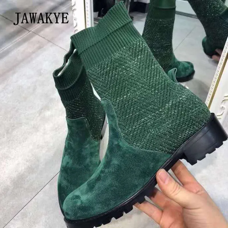 2018 Chic Knitted Ankle Boots Woman Round Toe Suede Real Leather Patchwork Flat Sock Boots Women Fashion Martin Boots