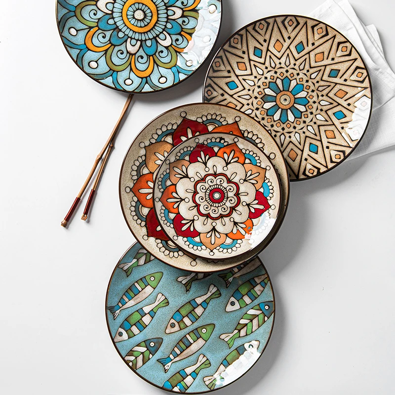 

Creative Round Ceramic Steak Food Dish Chinese Style Hand Painted Tableware Dinner Plate Cup High End Dinnerware