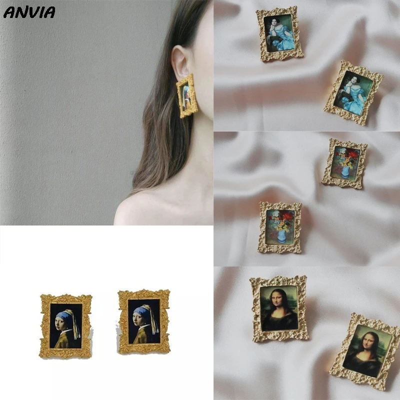 

2019 Vintage Famous Oil Painting Accessories Mona Lisa/ Vincent Van Gogh Stud Earrings Elegant Metal Gold Jewelry For Women