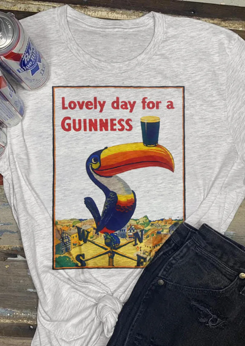 

2019 New Bird T-shirt Summer Tops Tee Cartoon Printed Tees Fashion Lovely Day For A Guinness T-Shirt Tee Female O-neck Gray Top