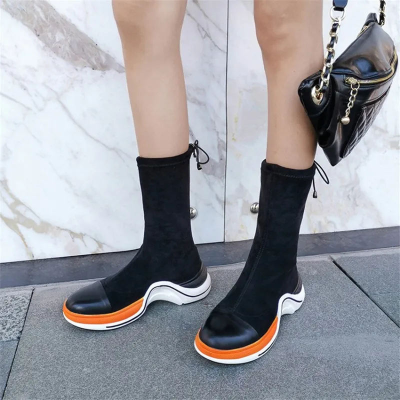 MStacchi/модные носки на платформе из эластичной ткани; женские разноцветные кроссовки на толстой плоской подошве; пикантные Женские Сапоги выше колена
