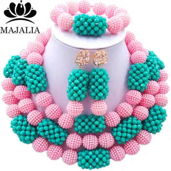 

Majalia Fashion Charming Nigerian Wedding African Jewelry Set Pink and Teal green Crystal Necklace Bride Jewelry Sets 3SZ058