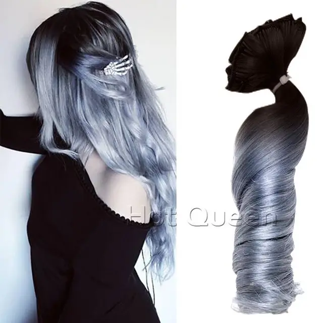 Ombre Brazilian Clip In Human Hair Extension Body Wave Silver Grey
