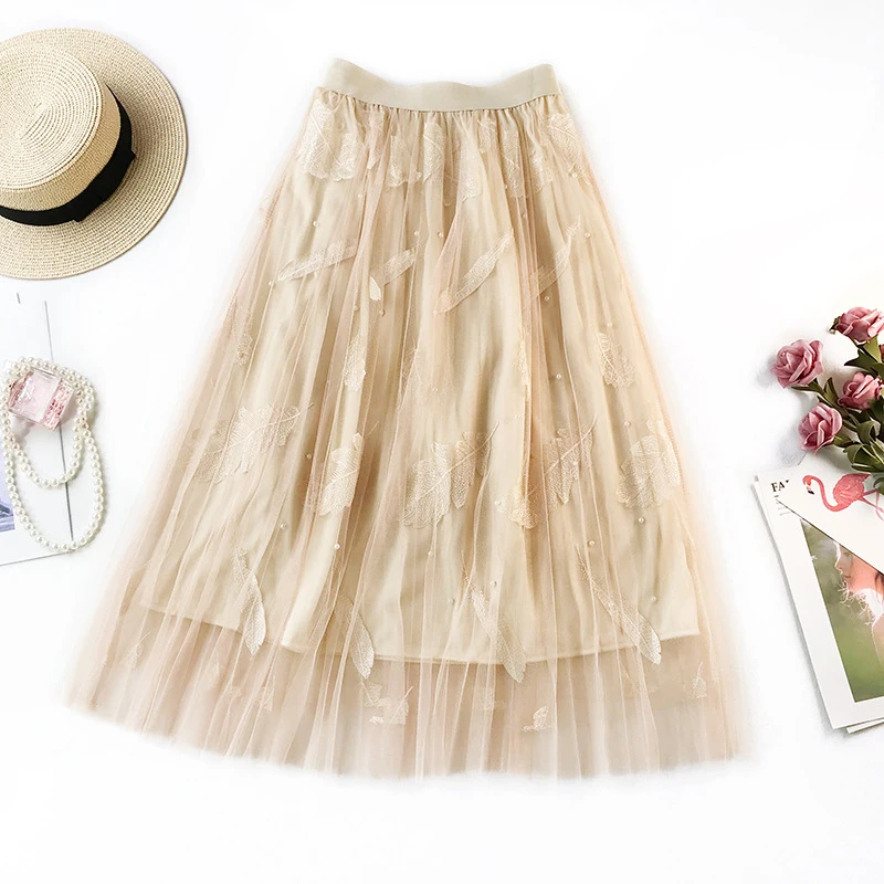 

2019 Summer Embroidered Leaf Lace Anti-Wave Multi-layer Mesh Mid-Waist Skirt Beaded Elastic Waist Commuter Skirt 376