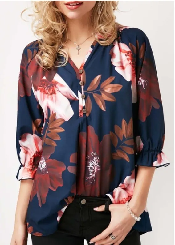 Baharcelin 4XL 5XL Женские рубашки для девочек, топы, летняя блузка с цветочным принтом, рубашка с рукавом до локтя, Свободная шифоновая одежда размера плюс