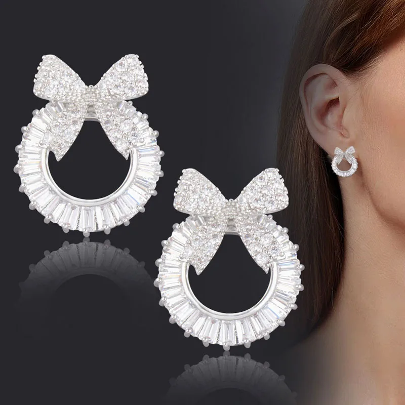 SINLEERY ослепительные CZ камни круглые серьги-гвоздики для женщин AAA кубический цирконий серьги с бантом роскошные свадебные ювелирные изделия CZ066 SSH