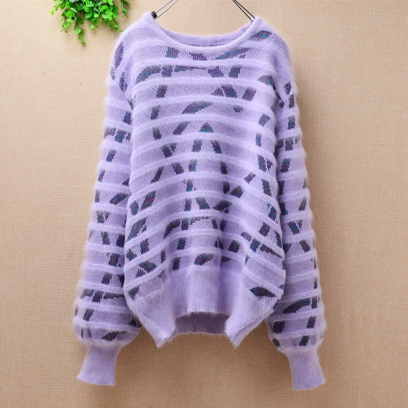 

Ladies women casual mink cashmere winter angora rabbit fur knitted loose long lantern sleeves bottoming blouses pullover sweater