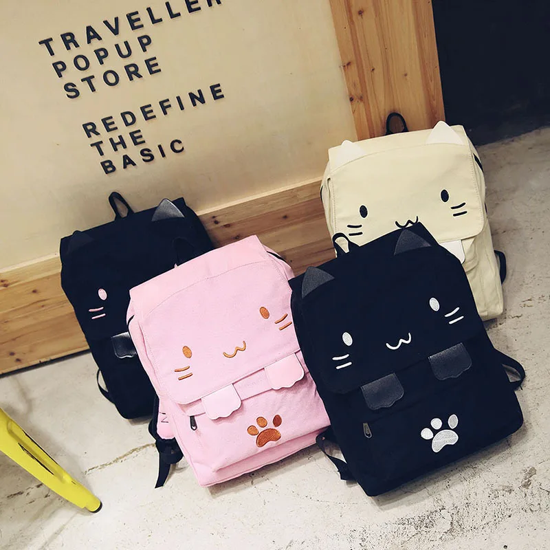 Cute Canvas Backpack Cartoon Cat Embroidery School Bag For Teenage Girls Backpacks Casual Ears Large Bags Pink Mochila XA909H 2