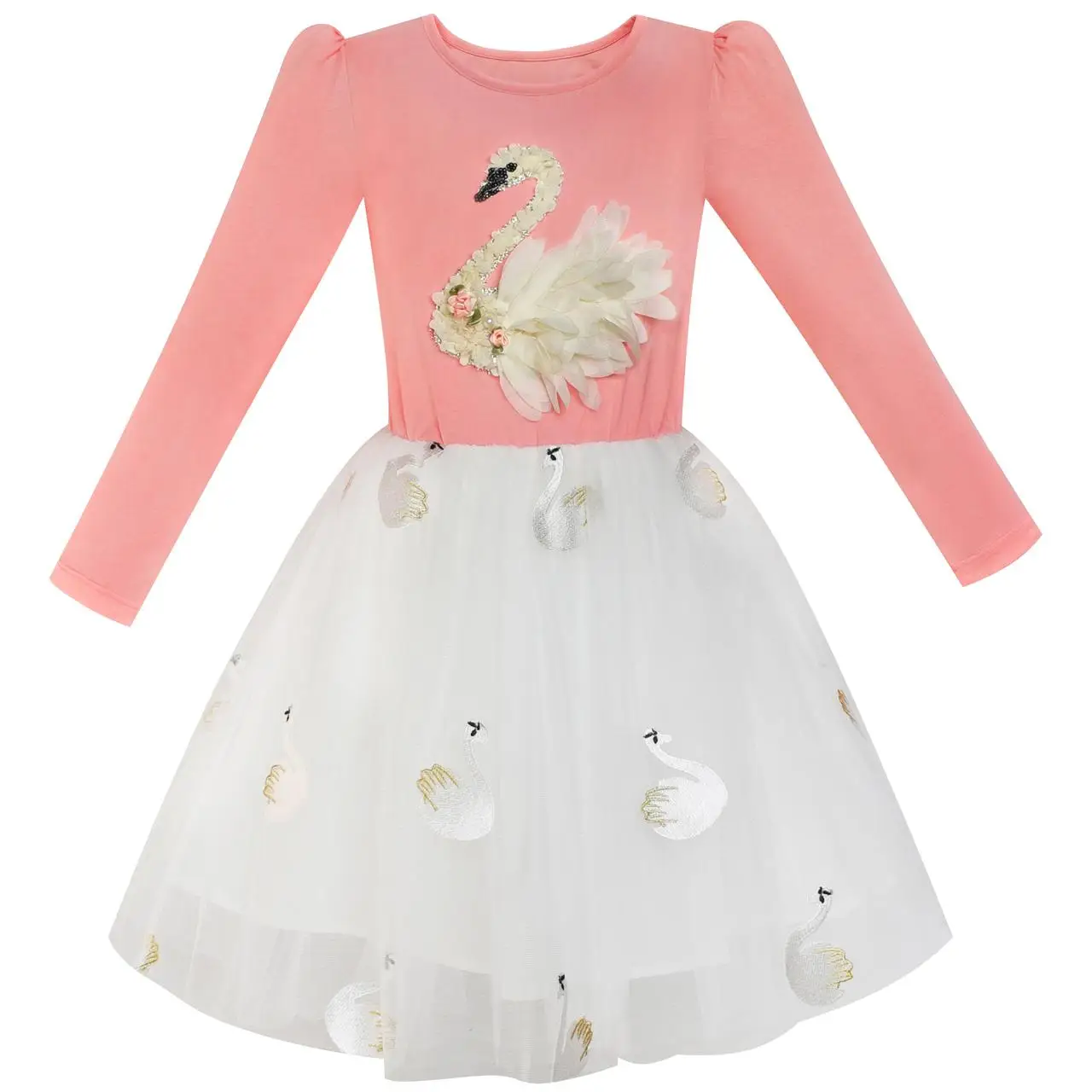 

Girls Dress Blush Pink Long Sleeve Swan Princess Tutu Cotton 2018 Summer Wedding Party Dresses Clothes Size 5-12