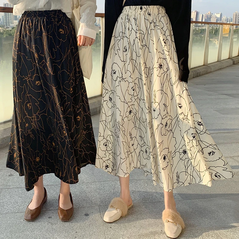 Yocalor Для женщин Цветочные Длинные юбки макси с завышенной талией, юбка из шифона для Винтаж уличная женские юбки женский Корейская юбка