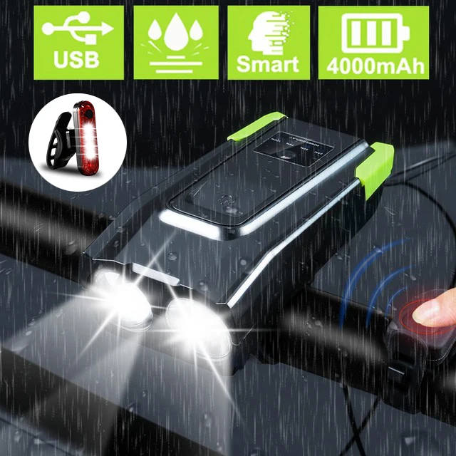 

4000mAh Induction Bicycle Front Light Set USB Rechargeable Smart Headlight With Horn 15000 Lumens LED Bike Lamp Cycle bike Light