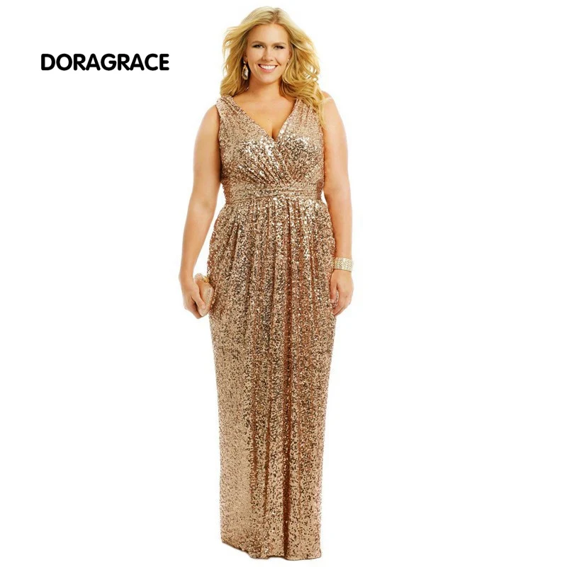

Custom Made Gorgeous V Neck Empire Floor-Length Sequins Evening Dresses Plus Size Prom Gowns DGE014