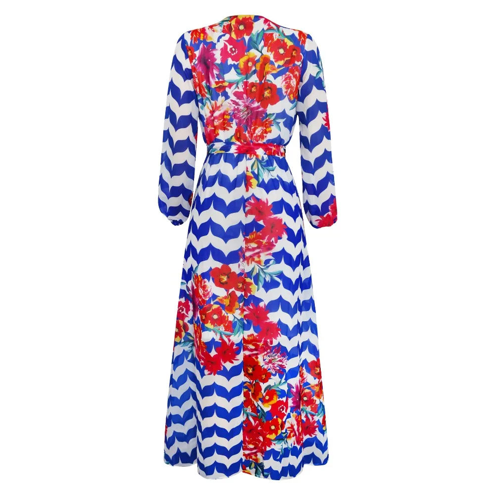 XURU Для женщин шифоновое платье Цветочный принт с v-образным вырезом пляжный большой Размеры длинное платье S-5XL элегантные женские, повседневные, свободные платья