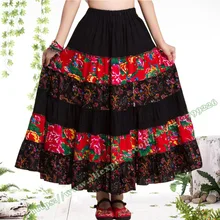 В сельском стиле из хлопка льна Цветочные строчки повседневные длинные юбки/ Цыганский, Богемия Бохо Испания плиссированные макси юбки для женщин