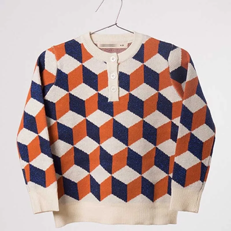 

BBK  Bobo Style Children Sweater Three-dimensional geometric pattern for baby boys Sweater Cotton Knit Button collar Sweatshirt