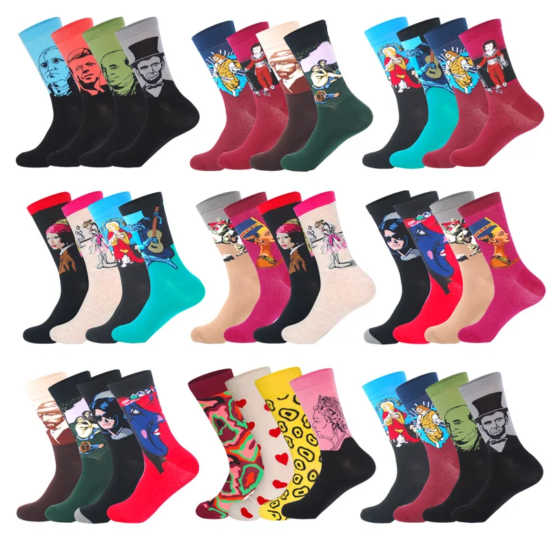 Мужские носки, 4 пар/лот, в полоску, с забавным рисунком, 9 выбор, модные, дышащие, в стиле хип-хоп, дизайнерские, счастливые носки