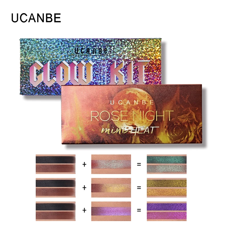 

UCANBE Brand 2pcs/set Heat Eyeshadow Makeup Set Holographic Warm Color Long Lasting Pigment Eyes Shadow Highlighter Cosmetic Kit
