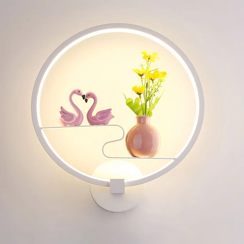 

Modern Art Round Wall Lamp With Flower Flamingo White Black Eye Care LED Wall Bedside Lamp for Children Room Living Room