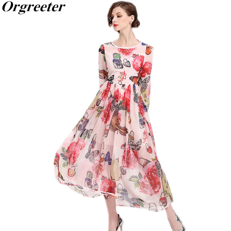 Casual Chiffon Dress Ladies Floral Butterfly Printed Elegant O neck ...