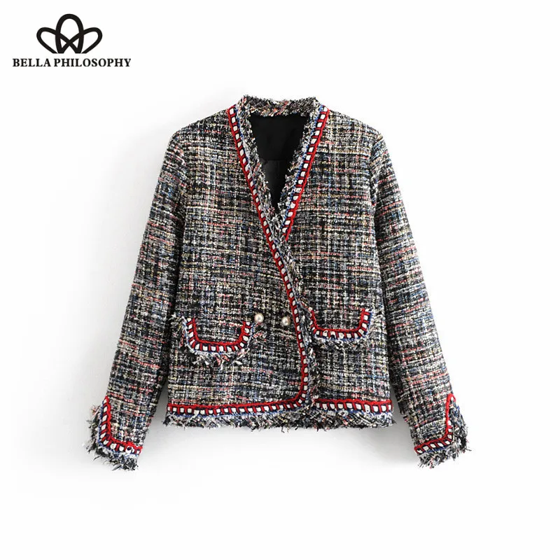Wonder 2018 autumn Vintage Double Breasted Pearls Frayed Tweed Jacket Coat V Neck Pockets Ladies Outerwear Casual Casaco Femme