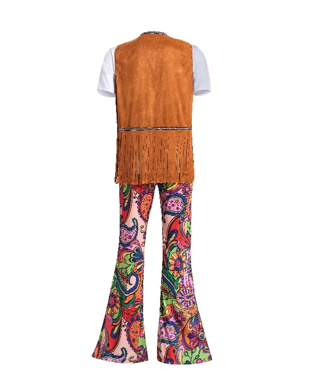 Для мужчин и женщин 60s 70s хиппи наряд в стиле диско одежда для женщин Хиппи бахрома Топы колокол брюки вечерние расклешенное платье наряд для взрослых пар