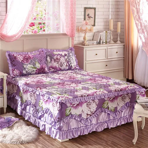 Корейский комплект постельного белья Сгущает покрывало простыни хлопок стеганый кружевное постельное покрывало пасторальный цветок кружева простыня 3 шт. король - Цвет: purple