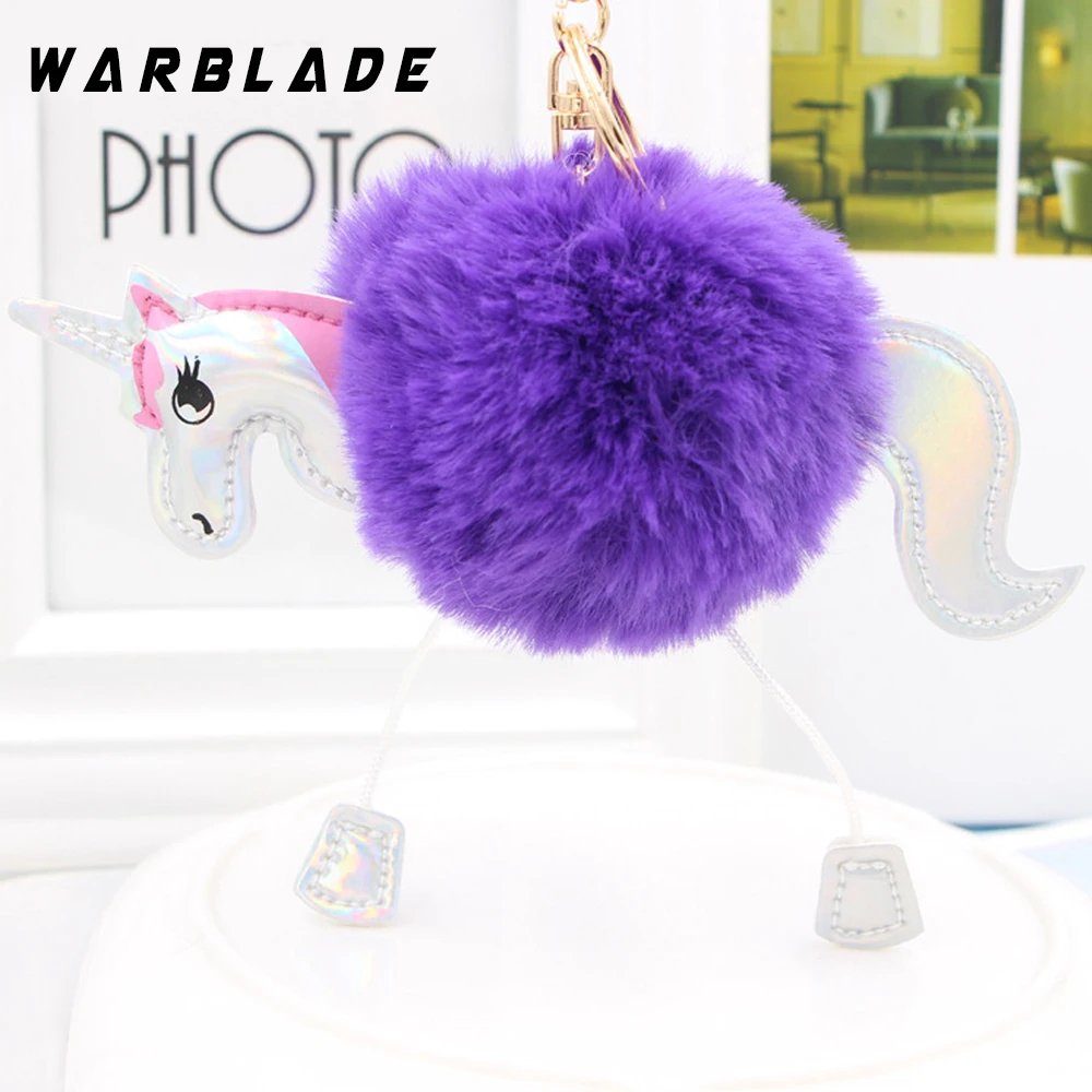 

WarBLade Pompom Unicorn keychain Artificial pom poms rabbit fur ball key chain porte clef women bag car keyring llavero mujer