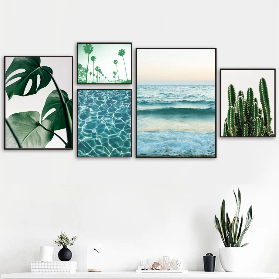 

Cactus Sea Wave Coconut Tree Leaf Wall Art Canvas Painting Blue Nordic Posters And Prints Wall Pictures For Living Room Decor