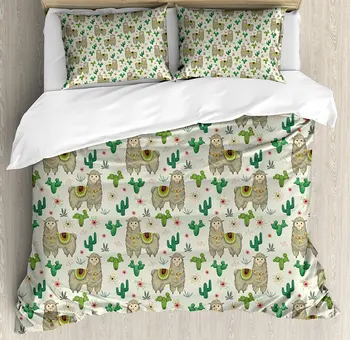 

Llama Duvet Cover Set Flora and Fauna of the South America Llama and Cactus Plants Hand Drawn Illustration 4 Piece Bedding Set