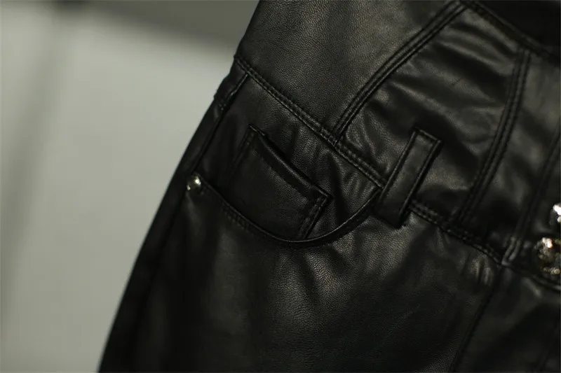S-5XL плюс большой размер Высокое качество Весна черный четыре-breasted кнопки искусственная кожа брюки женские были тонкие узкие брюки wj536