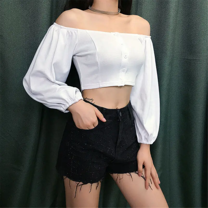 

Frisk White Slash Neck Buttoned Knitted Crop Tops Women Off Shoulder Sexy Strapless Long Puff Sleeve Top Modern Ladies T Shirt