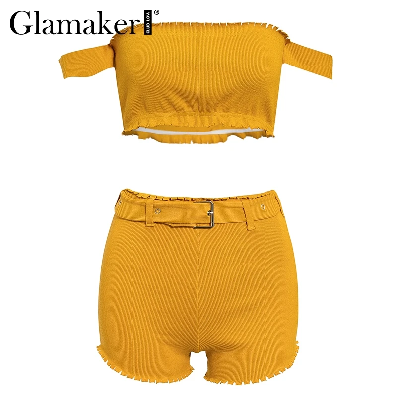 Glamaker вязаный желтый с открытыми плечами женский летний костюм из двух частей