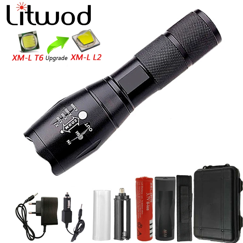 

Litwod Z20 Bright Cree XM-L L2/T6 LED Flashlight 5 Modes 8000 Lumens Zoomable LED Torch 18650 Battery Complete set of flashlight